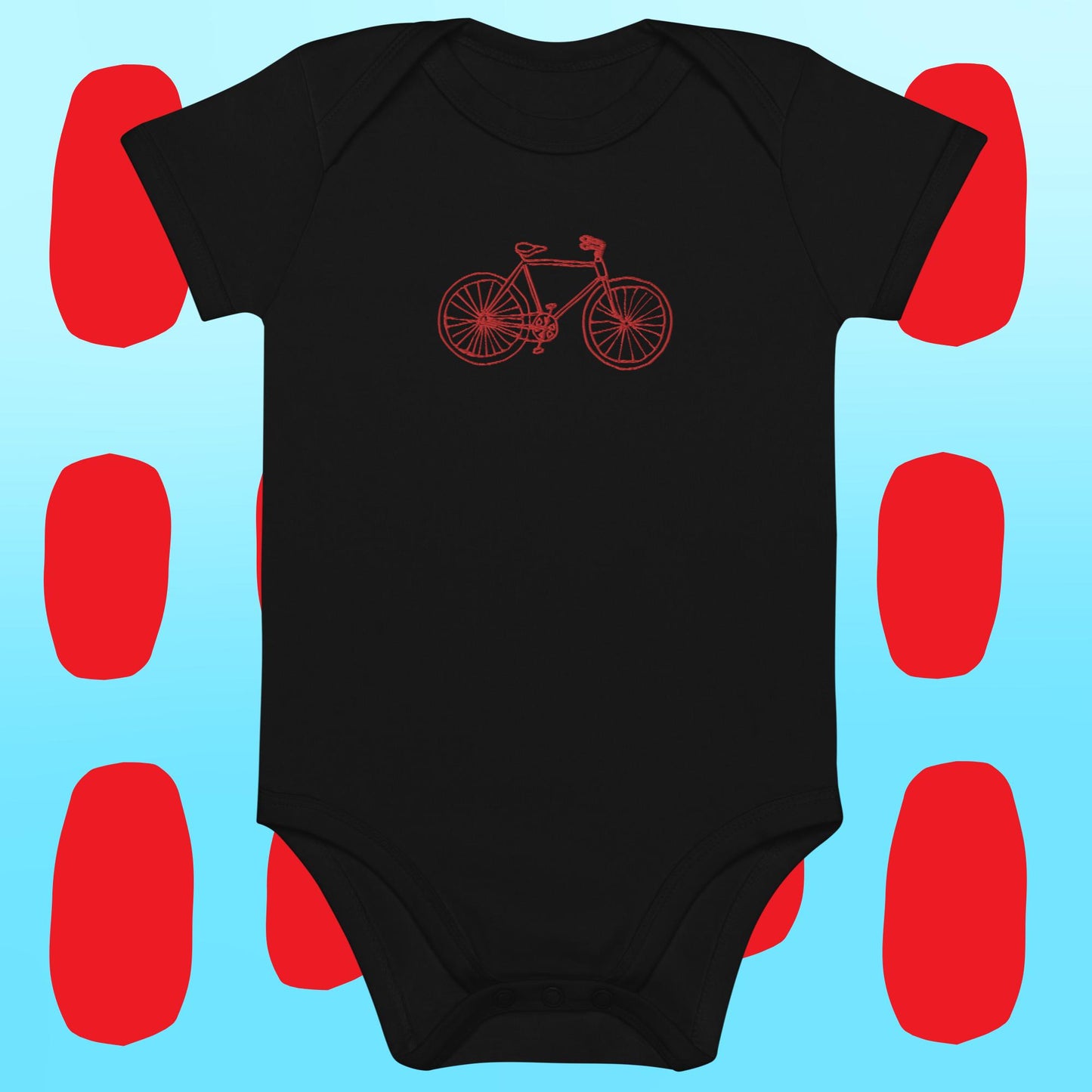 Two Owls Embroidered Red Bicycle Organic cotton baby romper