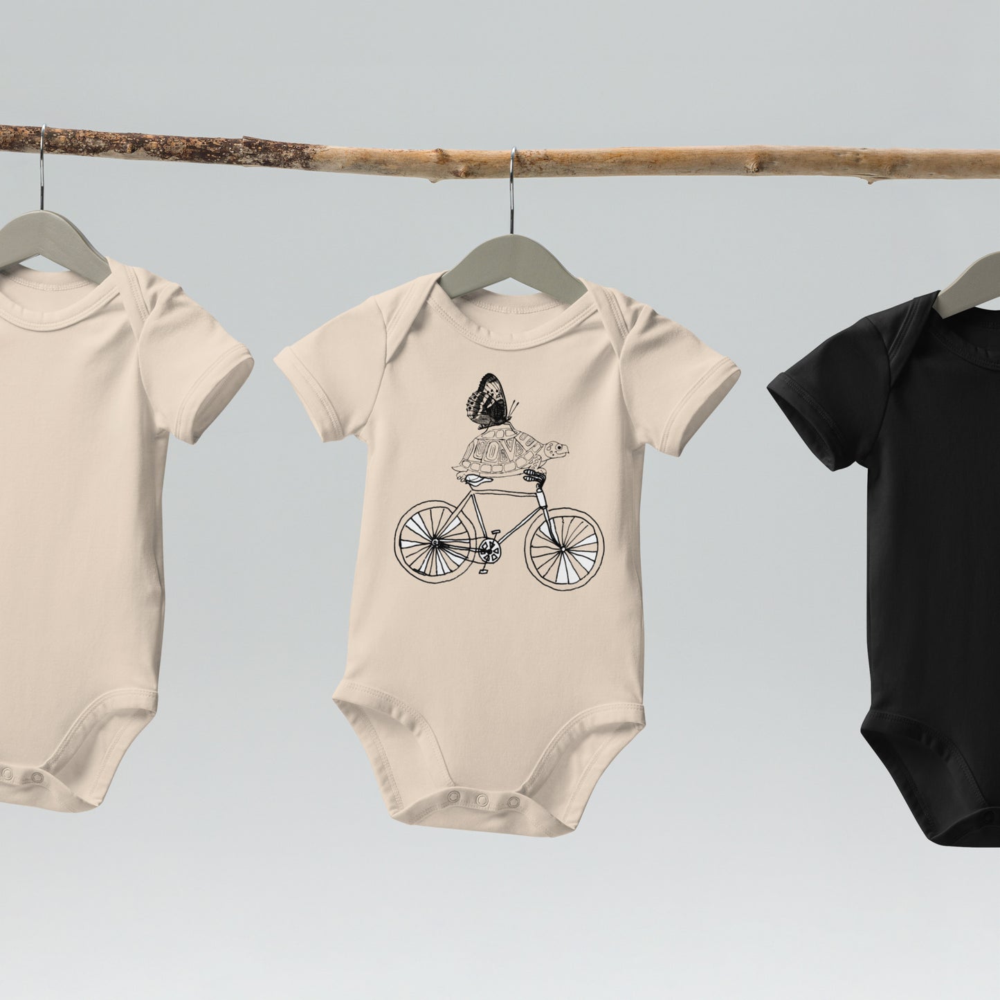 Two Owls Bicycle, LOVE Turtle, Butterfly Organic cotton baby romper