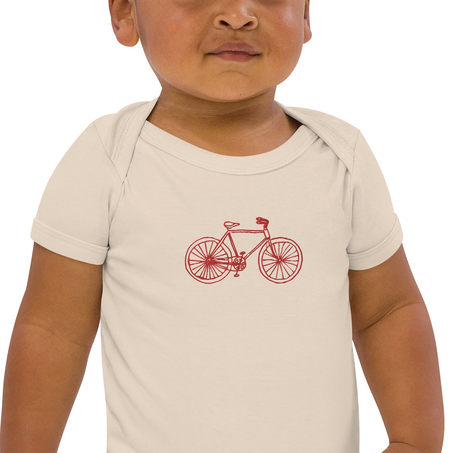 Two Owls Embroidered Red Bicycle Organic cotton baby romper