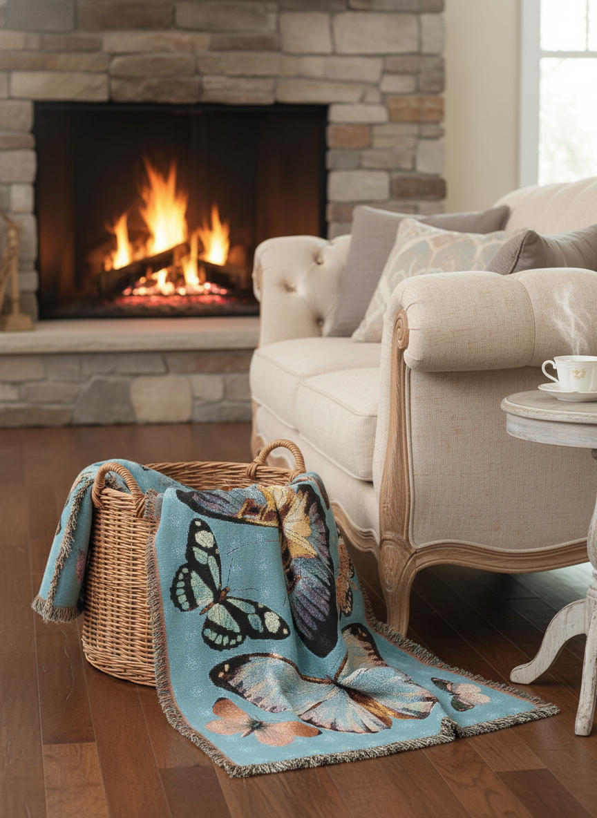 Blue Butterfly Cotton Woven Blanket