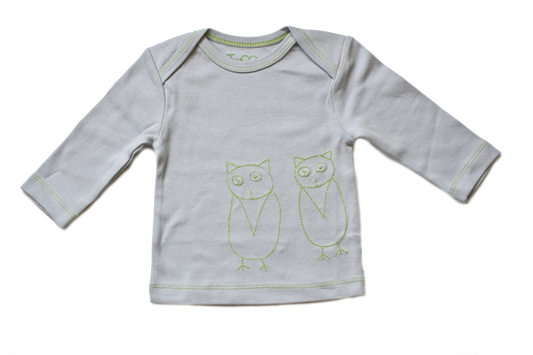 Grey/Green Two Owls Baby Long Sleeve Tee