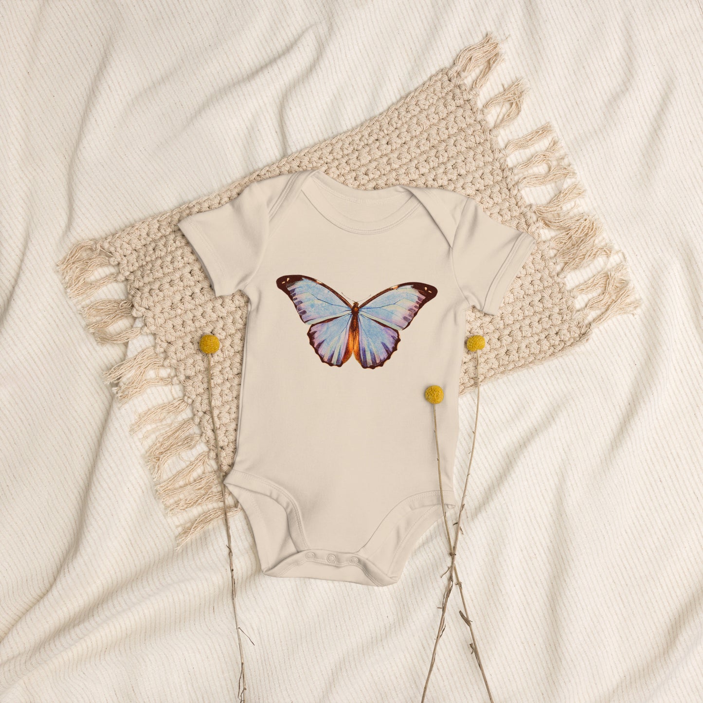 Two Owls Lt. Blue Butterfly Organic cotton baby romper