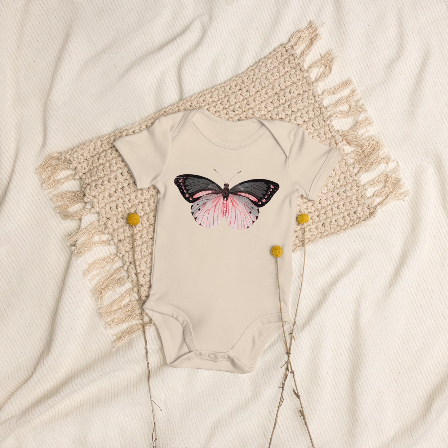 Two Owls Black/Pink Butterfly Organic cotton baby romper