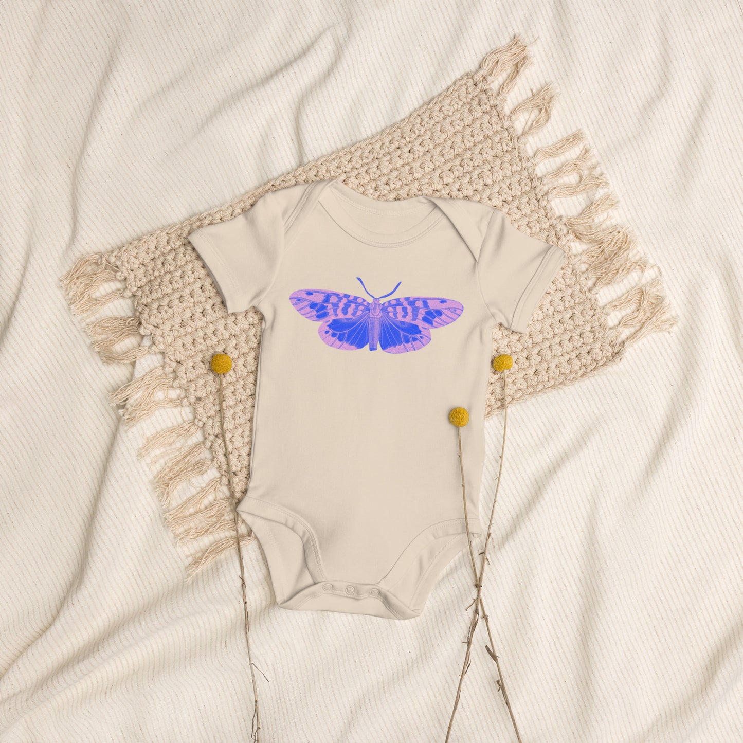 Two Owls Little Blue/Lavender Butterfly Organic cotton baby romper