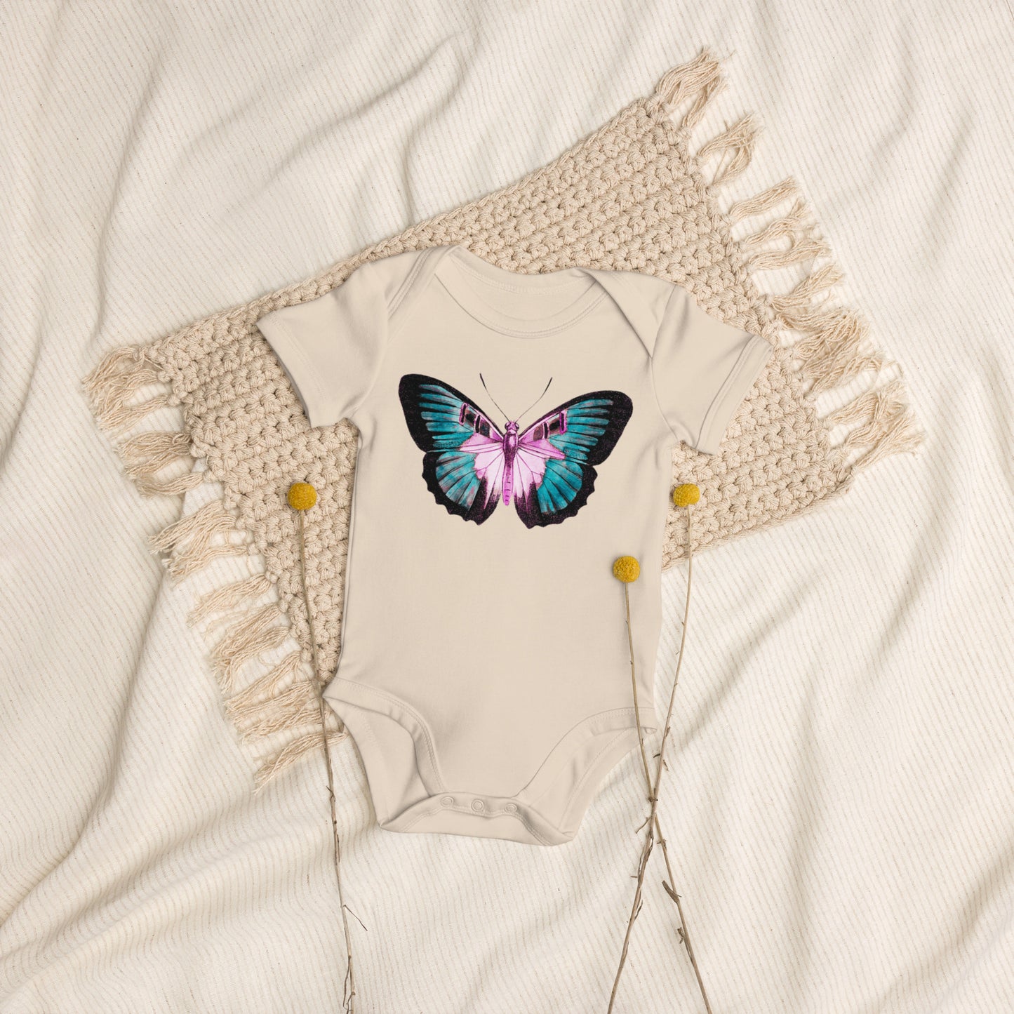 Two Owls Turquoise/Pink Butterfly Organic cotton baby romper