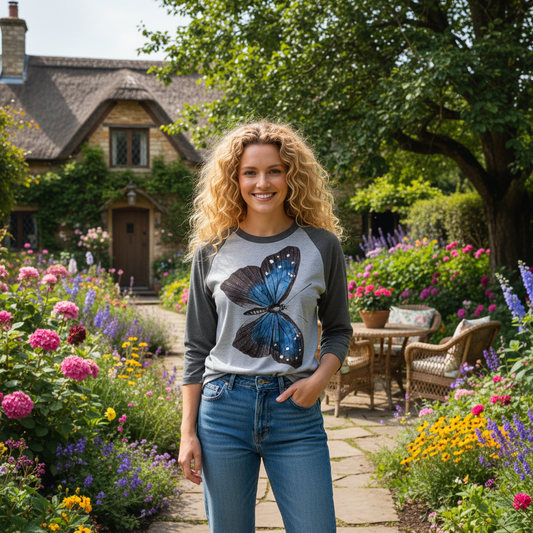 Two Owls Black/Blue Butterfly 3/4 sleeve raglan shirt