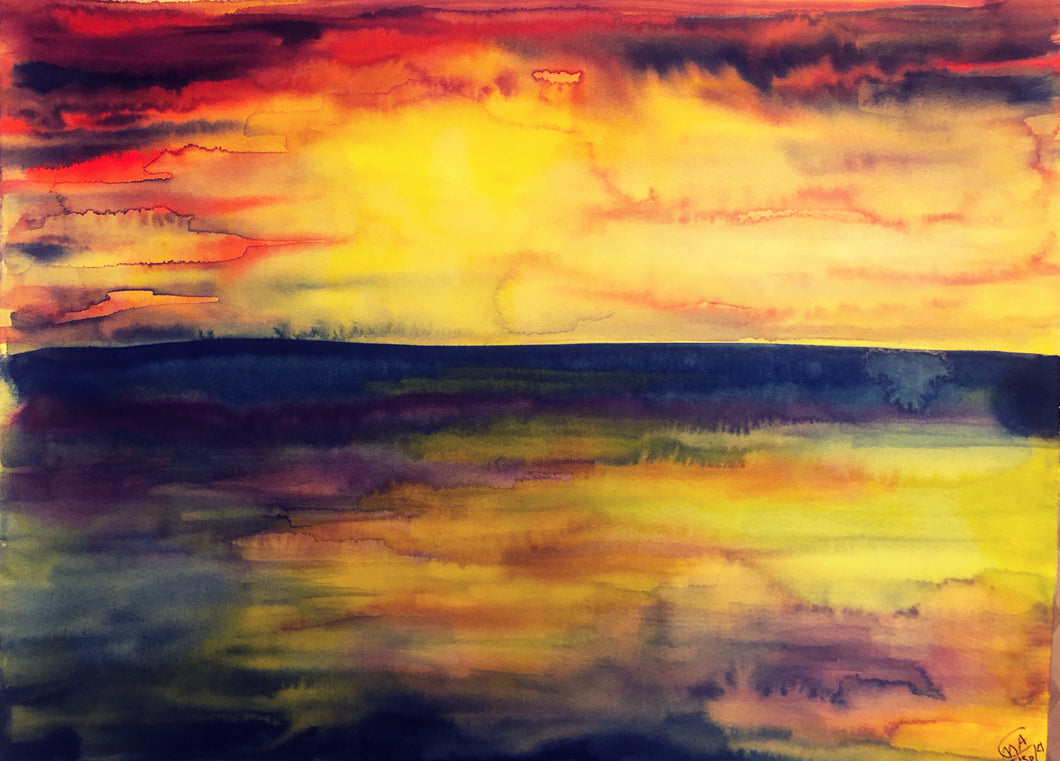 Velvet Fine Art Print “Green Lake Sunset In Watercolor
